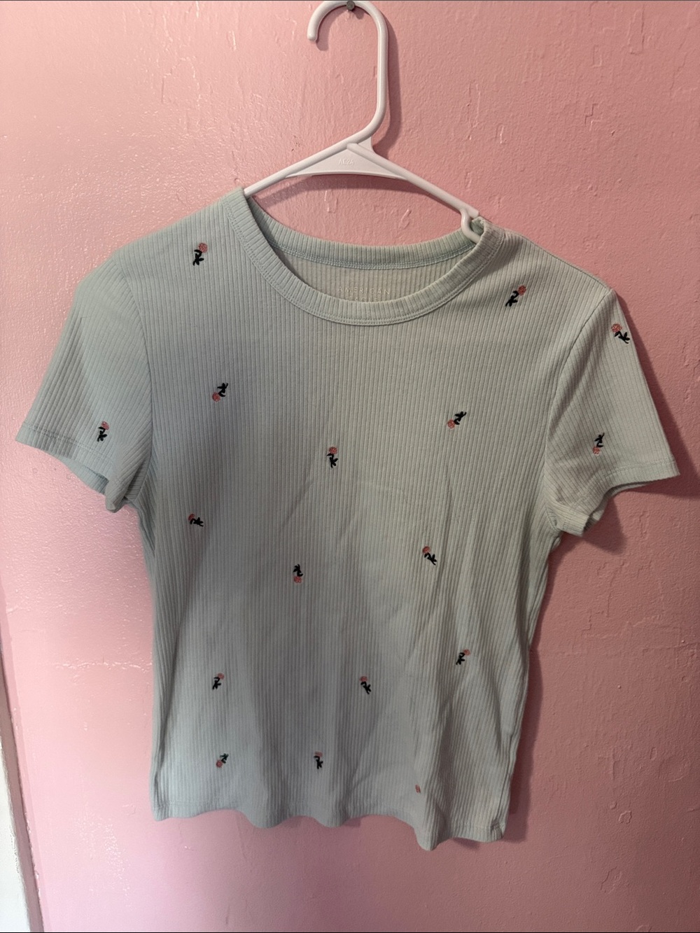 American Eagle Outfitters Mint Short-Sleeve Ribbed Tee with Embroidered Flowers